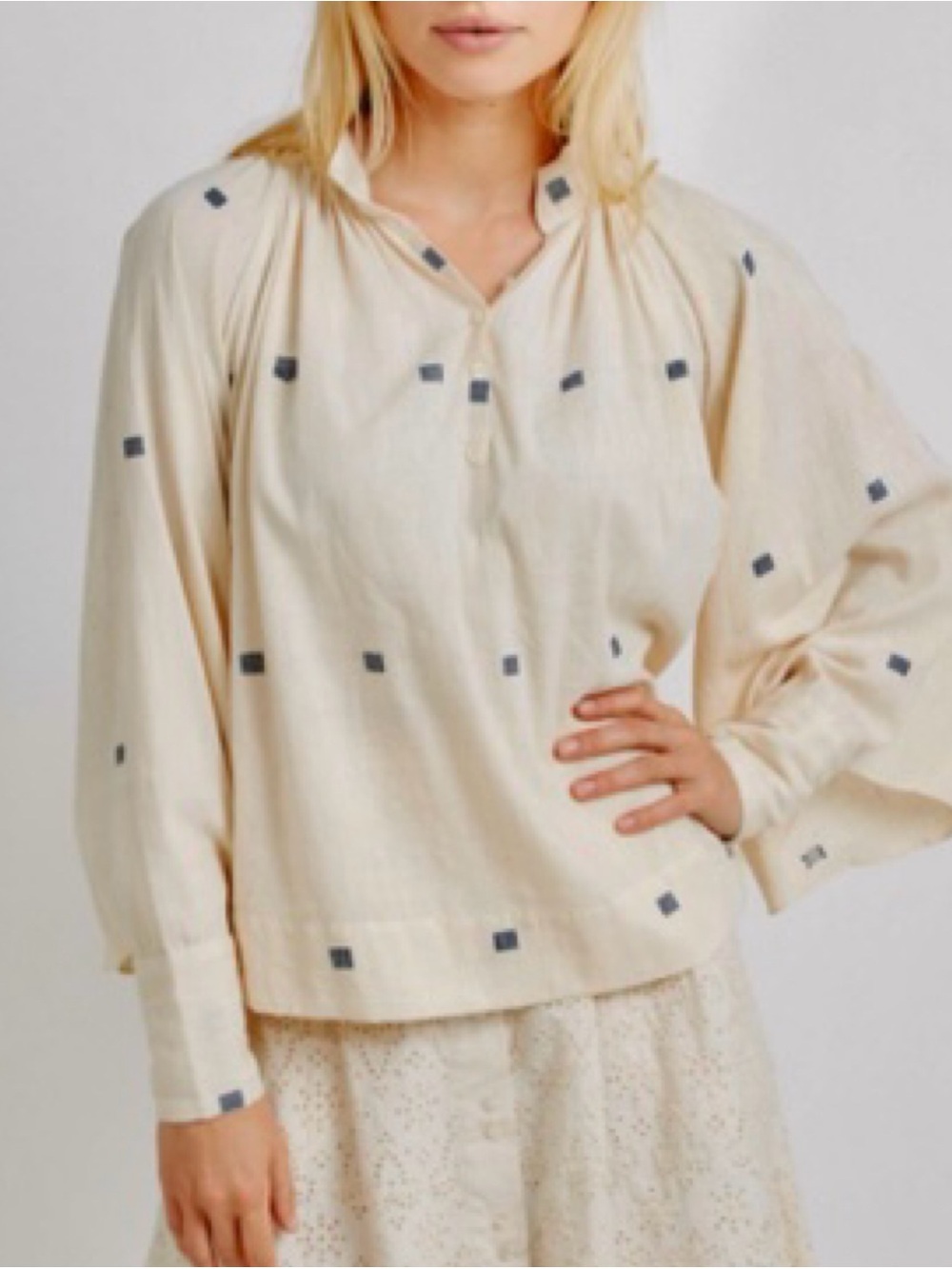 MIRTH Handmade Faro Embroidered Ivory Pleated Peasant Blouse Top XS